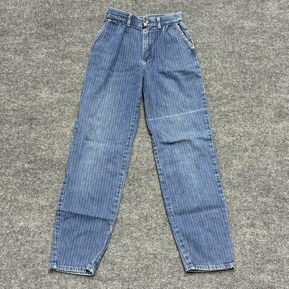 Vintage Lee Jeans Womens 12 Slim Blue Pinstripe High Rise Pleated USA 80s Mom